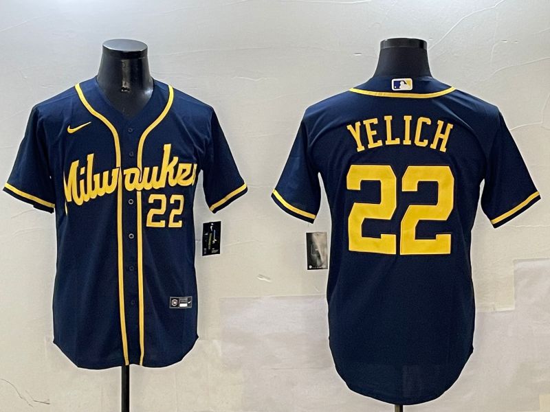 Men Milwaukee Brewers #22 Yelich Drak Blue Game 2025 Nike MLB Jersey style 03095